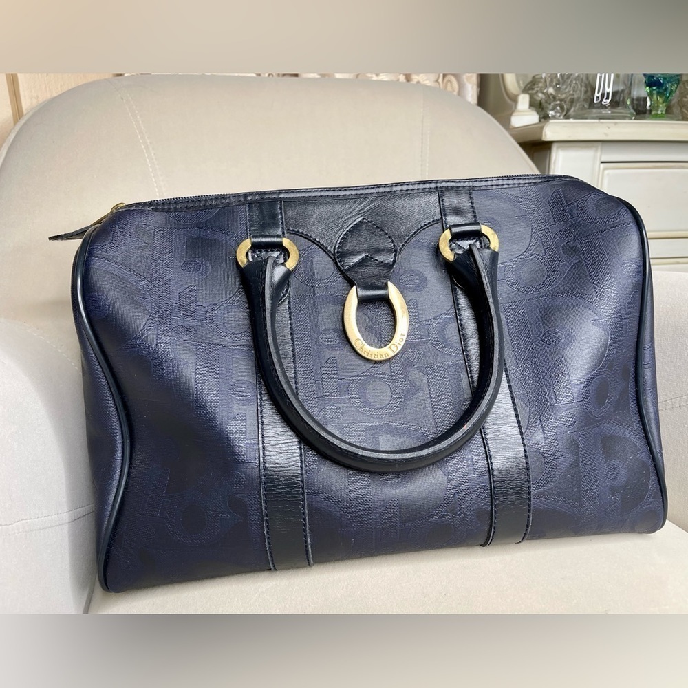 Vintage Christian Dior Coated Canvas Boston Bag Diorissimo PVC Leather Navy Gold